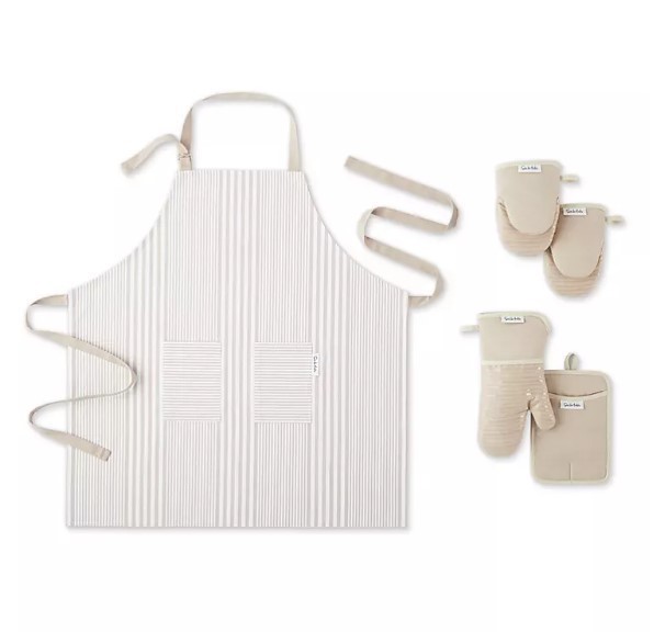 lot 274 image: NEW Sur La Table 5-Pc. Kitchen Textile Set - Apron, Oven Mitt, Potholder, Mini Mitt - BEIGE