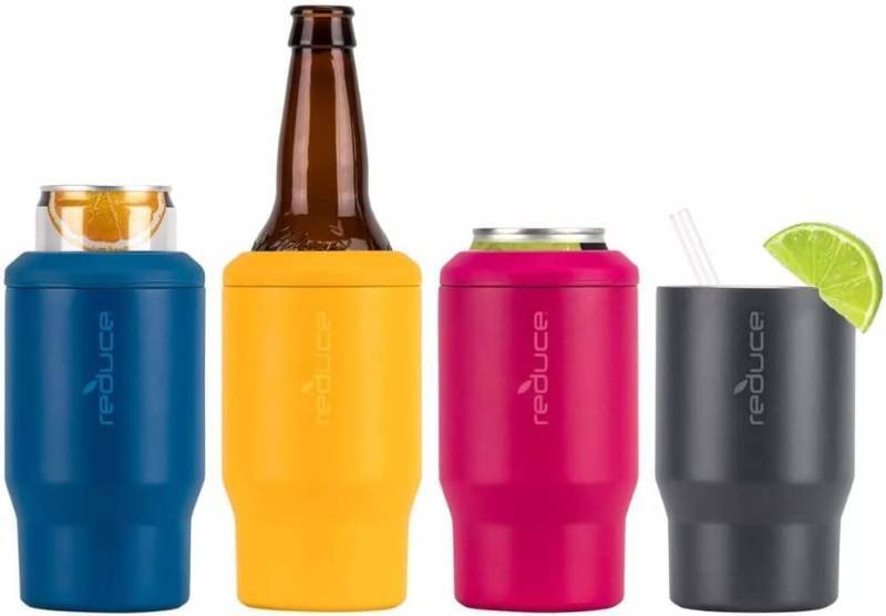 lot 398 image: NEW REDUCE 14 oz. Vacuum Insulated Stainless Steel Drink Cooler, 4 Pack (Summer)