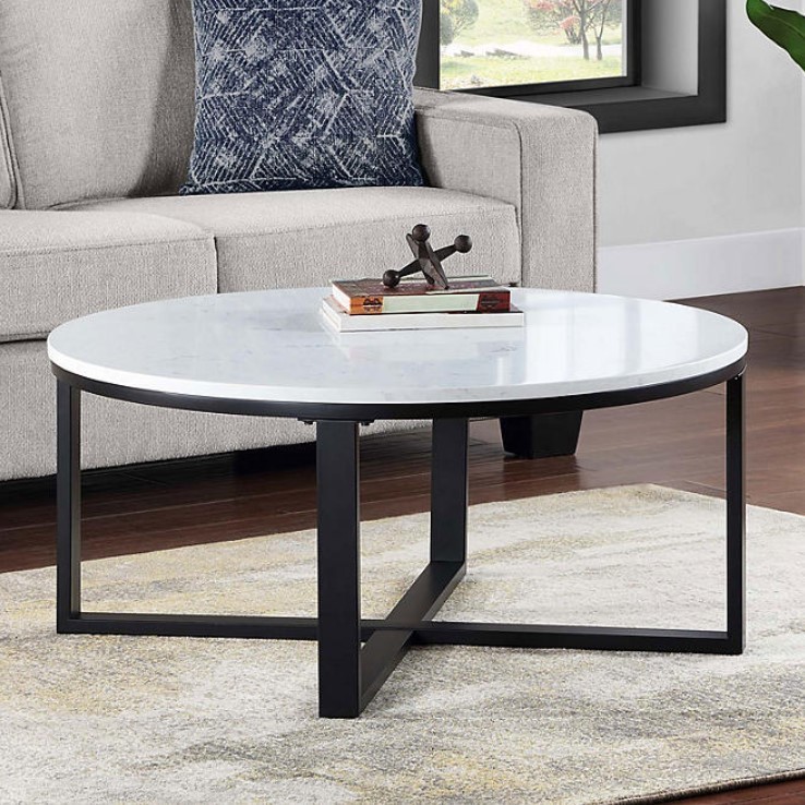lot 115 image: NEW Adley Round Coffee Table with Faux Marble Top and Black Metal Base