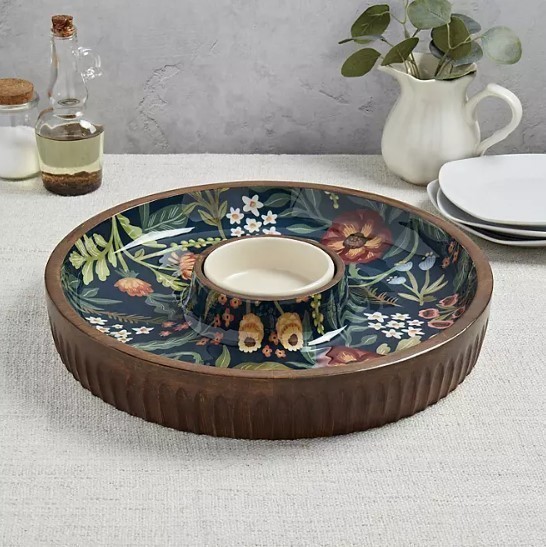 lot 185 image: NEW Members Mark 15-in. Mango Wood Chip & Dip Serving Platter - Scarlet Floral