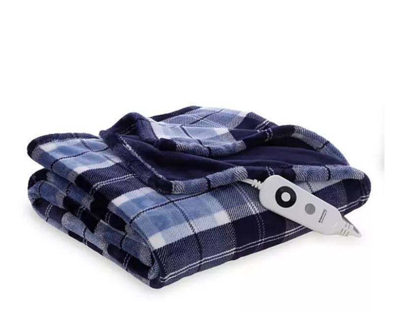 lot 371 image: NEW Berkshire Ultra Plush Heated Oversized Throw, Assorted Colors (60 X 70) - Plaid Navy