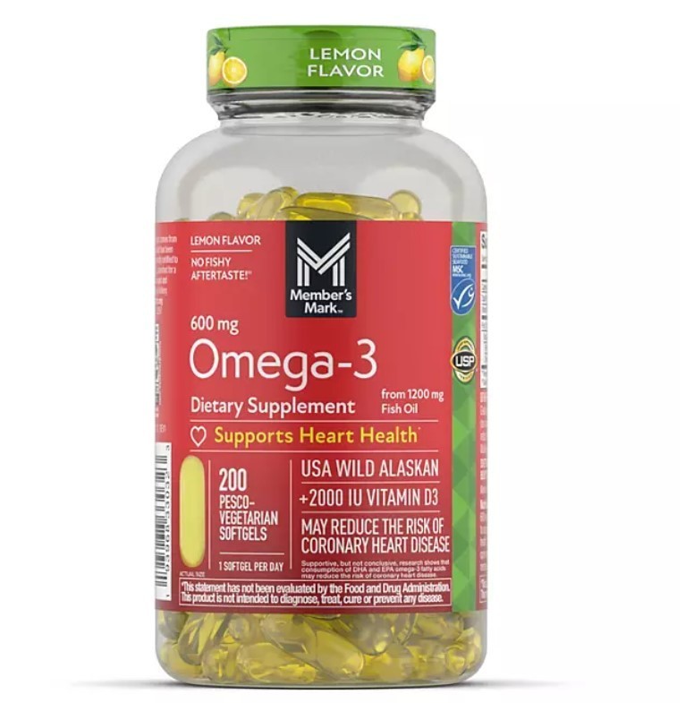lot 377 image: NEW Members Mark 600mg Omega-3 from Fish Oil with 50 mcg Vitamin D3 Softgels, 200 ct.