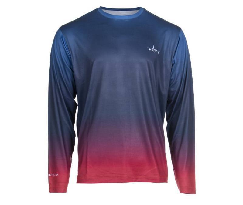 lot 379 image: NEW Habit Mens Mathew Falls Long Sleeve Quick Dry Performance Tee - Blue Red Americana - Medium