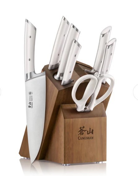 lot 203 image: CANGSHAN RAINIER Series 8-Piece Knife Block Set, Forged German Steel, Acacia Block