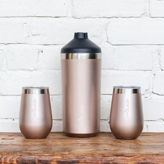 lot 206 image: NEW Reduce Wine Bottle Cooler 3-Piece Set with 12-oz. Wine Tumblers - Metallic Cotton
