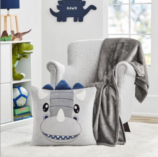 lot 196 image: NEW Members Mark Kids Squishy Pillow Friend and Throw Blanket Set - Gray Dino