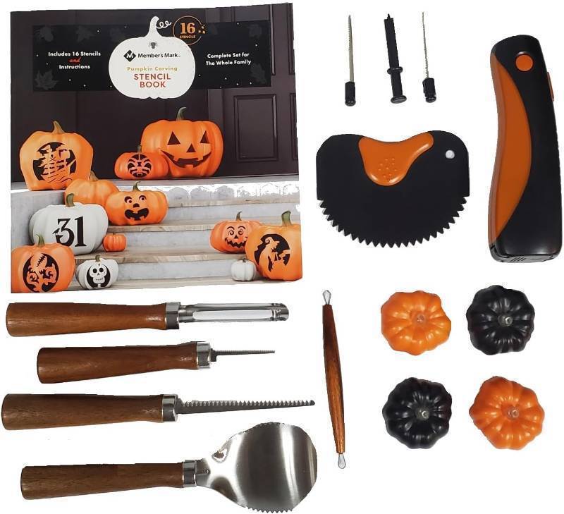 lot 401 image: NEW Members Mark 15-Piece Premium Pumpkin Carving Kit with 16 Stencils