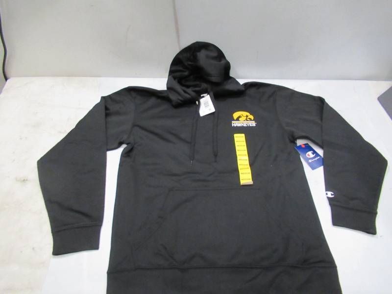 lot 343 image: NEW Mens Champion Iowa Hawkeyes Black Hoodie Hooded Sweatshirt with Kangaroo Pocket - Extra Large