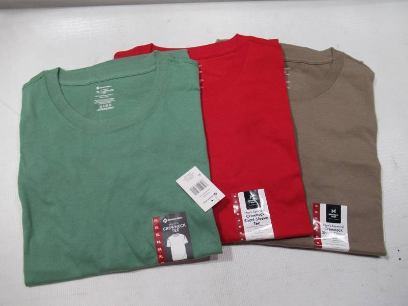 lot 355 image: NEW 3 Pack of Members Mark Mens Essential Crewneck Short Sleeve T-Shirts (RedGreenBrown) - XL
