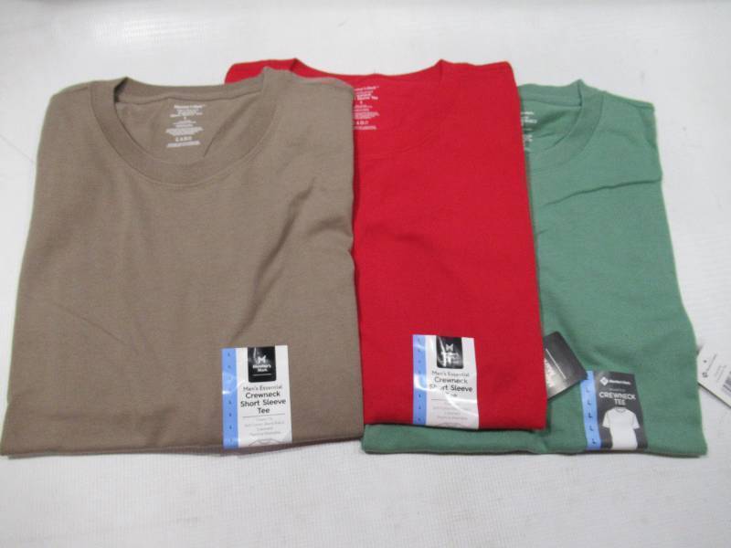 lot 356 image: NEW 3 Pack of Members Mark Mens Essential Crewneck Short Sleeve T-Shirts (RedGreenBrown) - LARGE