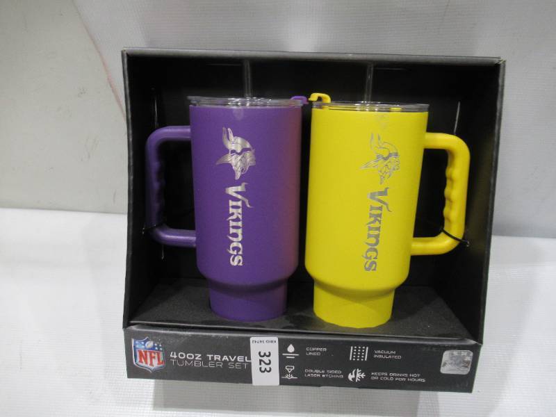 lot 323 image: NEW Logo Brands NFL 40 oz. x 2 pk. Insulated Tumblers - Minnesota Vikings