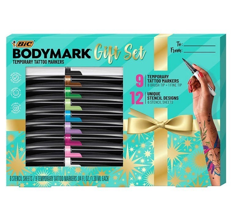 lot 282 image: NEW BIC BodyMark Temporary Tattoo Kit, 9 Markers & 6 Stencil Sheets