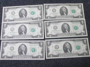lot 485 image: 6 Uncirculated, Sequential $2 Bills...