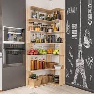 lot 20 image: FUFU&GAGA Light Brown 5-plus Shelves Wood 35.4 in. W Bakers Rack Corner Storage Shelf Unit Kitchen Organizer Rack Customer Returns See Pictures