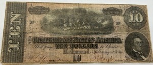 lot 31 image: 1864 $10 Dollar CIVIL WAR Bill Banknote Confederate States of America Richmond