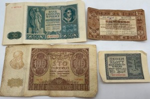lot 33 image: Vintage POLAND Zlotych in $1, $50, & $100 Amounts & a $1 Netherland Bill - Qty 4