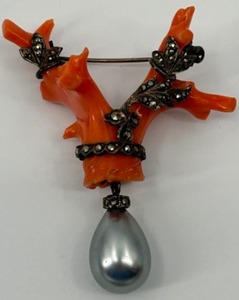 lot 59 image: VICTORIAN Branch Coral w Intertwined Marcazite & Large Drop Pearl Pin Brooch