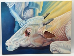 lot 65 image: Original Painting by VERONA ReBOW  Pam Series II Depicting a Dying Cow with a Tear in His Eye Art