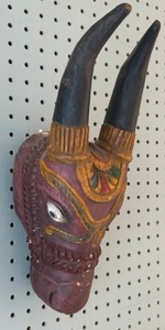 lot 66 image: Antique Wood Nandi Bull With Horns Hand Painted and Carved From India w Chandan Haar Sandalwood Mala Garland