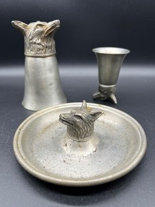 lot 29 image: Vintage PEWTER Wolf  Fox Trio of Shot Glasses and Ashtray