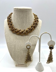 lot 94 image: BOLD AND GOLD - Vintage Chunky Necklace and Dangle Drop Clip On Earrings