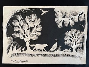 lot 115 image: Original Cut Paper Art - CAYETANO HERNANDEZ - Birds and Dog