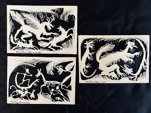 lot 119 image: Original Cut Paper Art - CAYETANO HERNANDEZ - Dragons - QTY 3