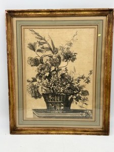 lot 146 image: Framed Antique Etching Jean-Baptiste Monnoyer FLOWERS IN A VASE French Etching Print