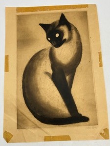 lot 151 image: Vintage ALEX ORSI Siamese Cat Aquatint Print signed Edition 38200 MCM Art From France