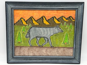lot 155 image: Vintage Primitive WOLF Colored Pencil Drawing Unsigned Art Framed