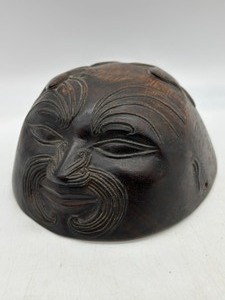 lot 81 image: Vintage Carved Wood Helmet Warriors Protective Hat Face, Frog & Lizard