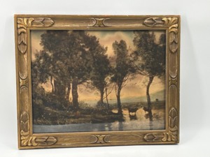 lot 185 image: Antique Framed Print COWS BY THE LAKE Camille Jean-Baptiste Corot