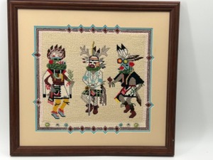 lot 186 image: Vintage Framed NEEDLEPOINT of Various Kachina Hopi Indian Figures With Turquoise Jewels on Bottom