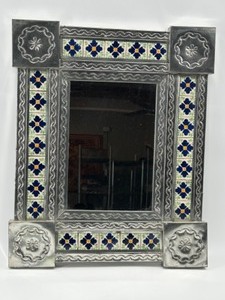 lot 187 image: Vintage Punched Talvera Tin & Tile Wall MIRROR from Mexico