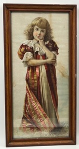 lot 188 image: Framed Victorian Antique Yard Long Print MEDITATION Pensive Little Girl Hand Colored Restored