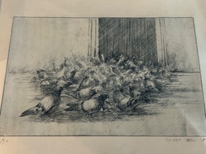 lot 192 image: Vintage Unframed ETCHING of a Flock of Pigeons Numbered and Signed Artwork Piece