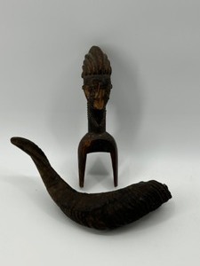lot 296 image: Antique African Artifacts Including an old Horn and Carved Wood Statue Figure
