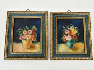 lot 200 image: Vintage Framed Pair of Miniature Flower Oil Paintings Signed Frances Ellen Neumann