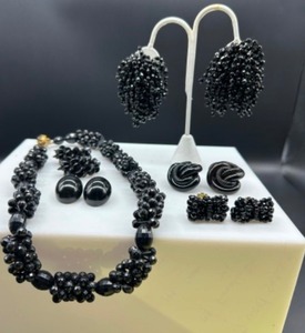 lot 203 image: Vintage Mid-Century Black Plastic and Glass Beaded Jewelry Including Clip-On Earrings and Necklace