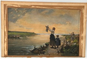 lot 242 image: Early 20th Century COLORTYPE Print of Painting At the Rivers Edge Unframed On Board
