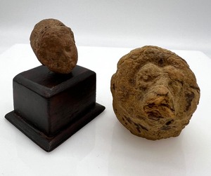 lot 230 image: Vintage Primitive Mounted Pottery Head Bust and Pottery Lion