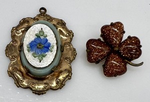 lot 237 image: Vintage Enameled Floral Pendant and Goldstone Four Leaf Clover Pin  Brooch