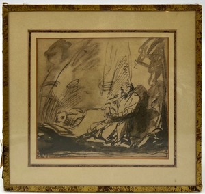 lot 238 image: Antique Vintage Sepia-tone Ink Drawing Man with a Sheep Glass Gold Foiled Frame