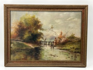 lot 249 image: Unsigned Landscape Oil Painting in Antique Frame Late 19th Century