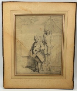 lot 255 image: Original Monochrome Rotogravure Print INDER PAUSE by Honore Daumier Jester w Circus Drum Framed Art