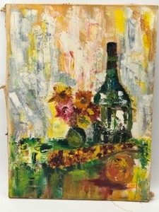 lot 257 image: Vintage MCM Still Life Oil Painting Impasto Style Bottle Flowers and Fruit