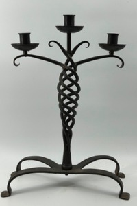 lot 263 image: Vintage Hand Forged Wrought iron Candelabra - Heavy and Holds 3 Candles