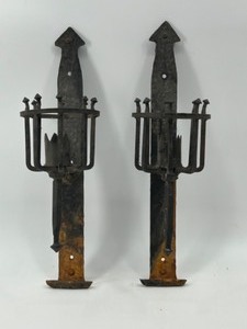 lot 264 image: Antique Pair of Forged Wrought Iron Medieval Torch Wall Lights Candle Holders