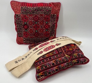 lot 302 image: Pair of Palestinian Hand Embroidered Pillows and Jordan Jerash Sash