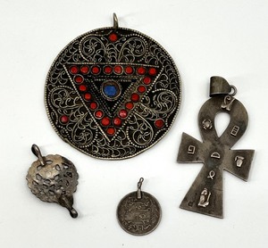 lot 323 image: Vintage Tibet Filigree Pendant, Egyptian Ankh Cross Pendant, Tunisie Coin Token Pendant and More